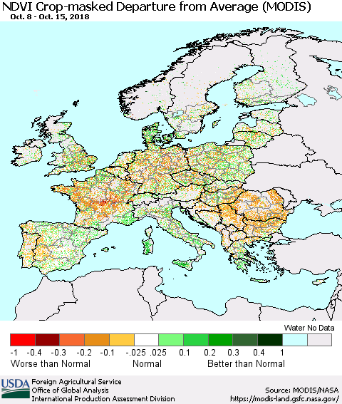 Europe Cropland NDVI Departure from Average (Terra-MODIS) Thematic Map For 10/11/2018 - 10/20/2018