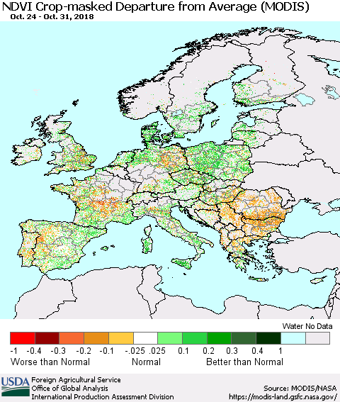 Europe Cropland NDVI Departure from Average (Terra-MODIS) Thematic Map For 10/21/2018 - 10/31/2018