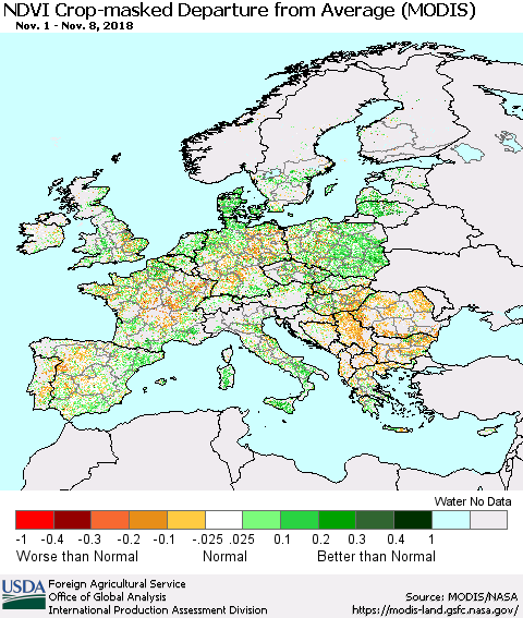 Europe Cropland NDVI Departure from Average (Terra-MODIS) Thematic Map For 11/1/2018 - 11/10/2018