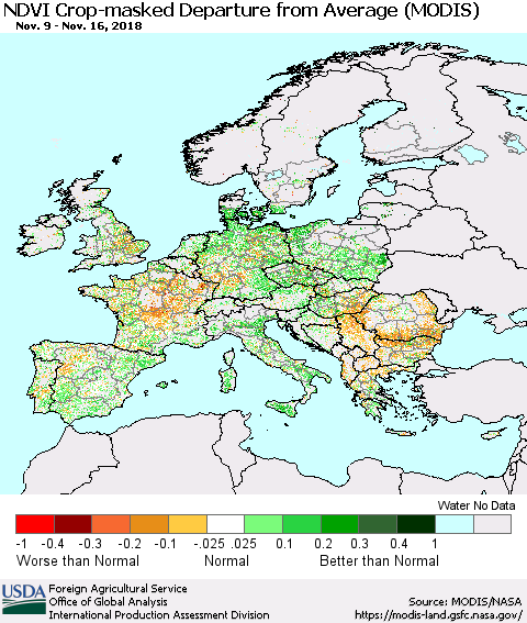 Europe Cropland NDVI Departure from Average (Terra-MODIS) Thematic Map For 11/11/2018 - 11/20/2018