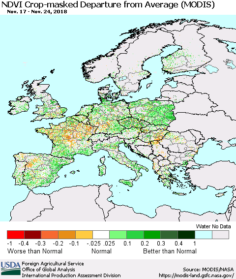 Europe Cropland NDVI Departure from Average (Terra-MODIS) Thematic Map For 11/21/2018 - 11/30/2018