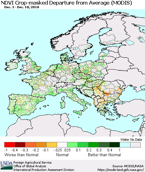 Europe Cropland NDVI Departure from Average (Terra-MODIS) Thematic Map For 12/1/2018 - 12/10/2018