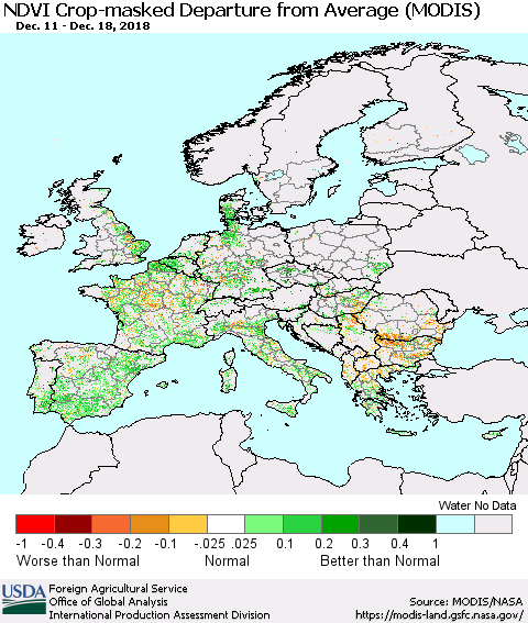 Europe Cropland NDVI Departure from Average (Terra-MODIS) Thematic Map For 12/11/2018 - 12/20/2018