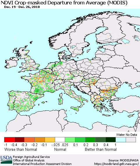 Europe Cropland NDVI Departure from Average (Terra-MODIS) Thematic Map For 12/21/2018 - 12/31/2018