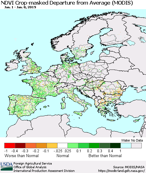 Europe Cropland NDVI Departure from Average (Terra-MODIS) Thematic Map For 1/1/2019 - 1/10/2019