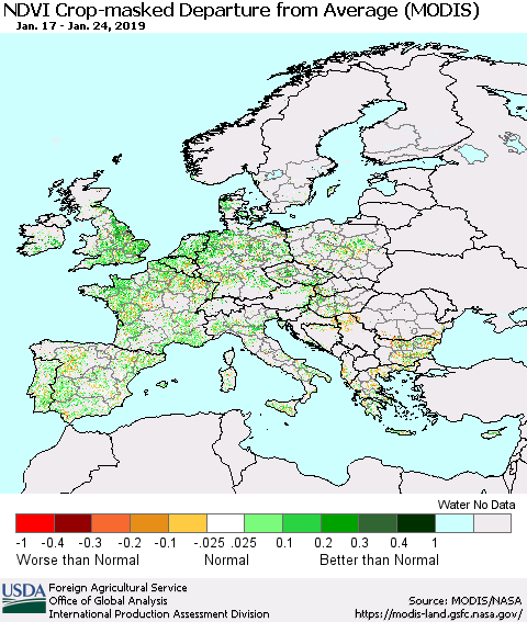 Europe Cropland NDVI Departure from Average (Terra-MODIS) Thematic Map For 1/21/2019 - 1/31/2019