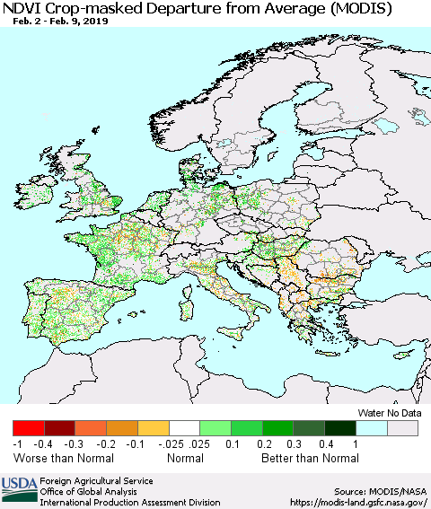 Europe Cropland NDVI Departure from Average (Terra-MODIS) Thematic Map For 2/1/2019 - 2/10/2019