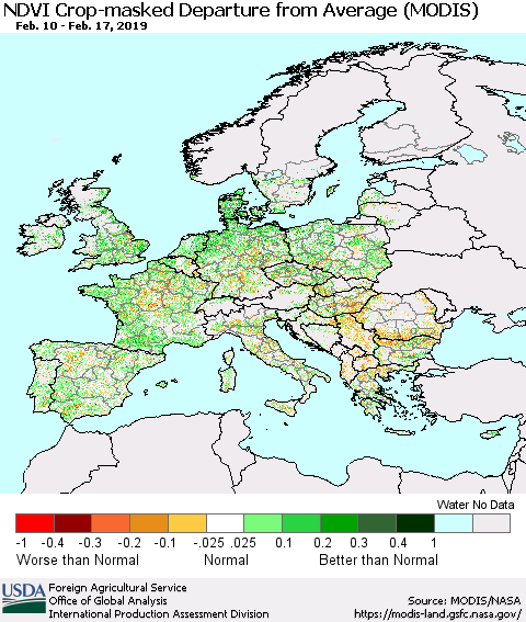 Europe Cropland NDVI Departure from Average (Terra-MODIS) Thematic Map For 2/11/2019 - 2/20/2019