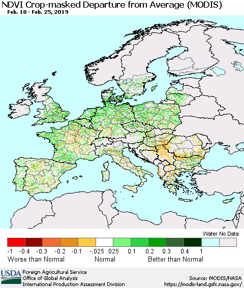 Europe Cropland NDVI Departure from Average (Terra-MODIS) Thematic Map For 2/21/2019 - 2/28/2019