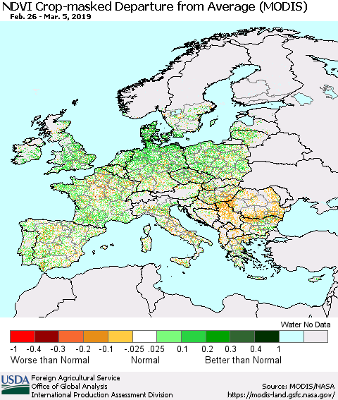 Europe Cropland NDVI Departure from Average (Terra-MODIS) Thematic Map For 3/1/2019 - 3/10/2019