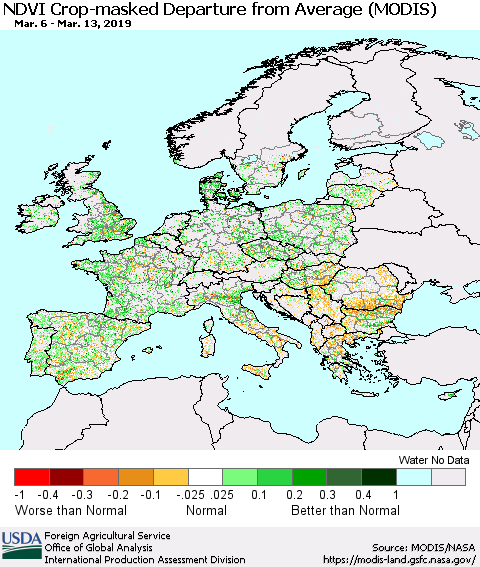 Europe Cropland NDVI Departure from Average (Terra-MODIS) Thematic Map For 3/11/2019 - 3/20/2019