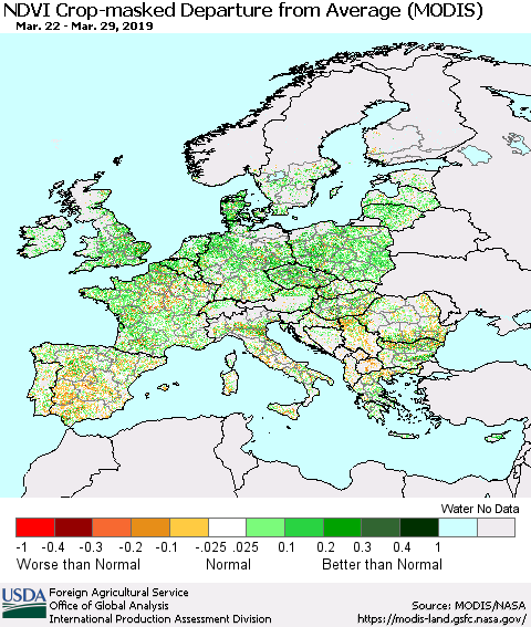 Europe Cropland NDVI Departure from Average (Terra-MODIS) Thematic Map For 3/21/2019 - 3/31/2019