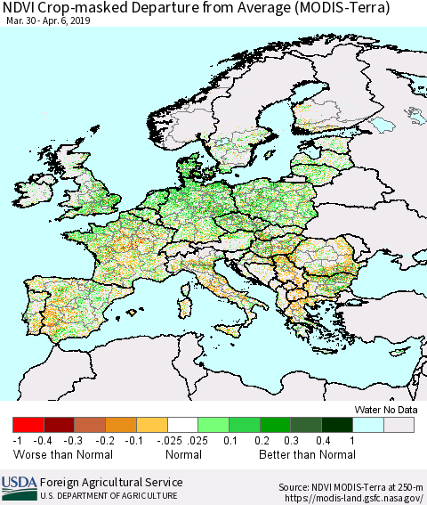 Europe Cropland NDVI Departure from Average (Terra-MODIS) Thematic Map For 4/1/2019 - 4/10/2019