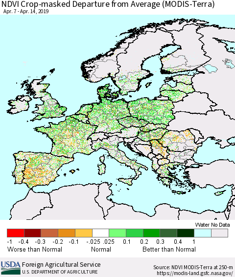 Europe Cropland NDVI Departure from Average (Terra-MODIS) Thematic Map For 4/11/2019 - 4/20/2019