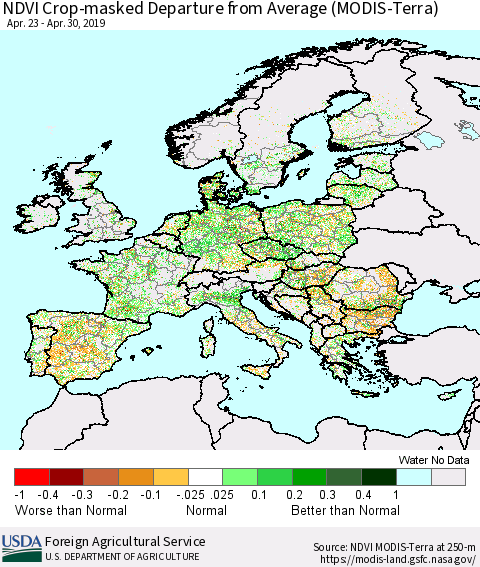 Europe Cropland NDVI Departure from Average (Terra-MODIS) Thematic Map For 4/21/2019 - 4/30/2019