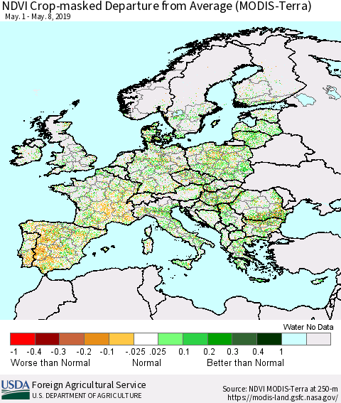 Europe Cropland NDVI Departure from Average (Terra-MODIS) Thematic Map For 5/1/2019 - 5/10/2019
