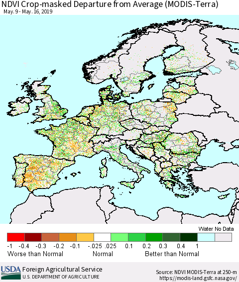 Europe Cropland NDVI Departure from Average (Terra-MODIS) Thematic Map For 5/11/2019 - 5/20/2019