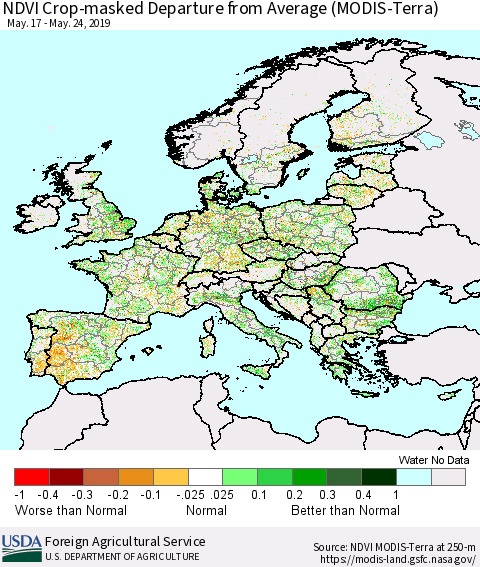 Europe Cropland NDVI Departure from Average (Terra-MODIS) Thematic Map For 5/21/2019 - 5/31/2019