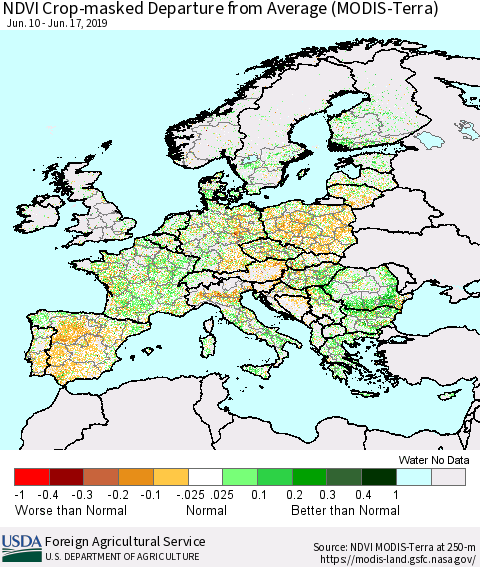 Europe Cropland NDVI Departure from Average (Terra-MODIS) Thematic Map For 6/11/2019 - 6/20/2019