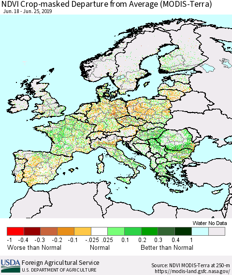 Europe Cropland NDVI Departure from Average (Terra-MODIS) Thematic Map For 6/21/2019 - 6/30/2019