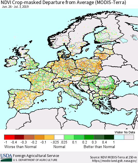 Europe Cropland NDVI Departure from Average (Terra-MODIS) Thematic Map For 7/1/2019 - 7/10/2019