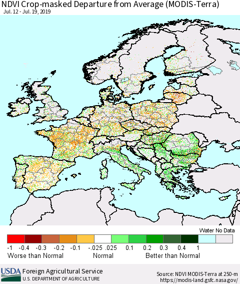 Europe Cropland NDVI Departure from Average (Terra-MODIS) Thematic Map For 7/11/2019 - 7/20/2019