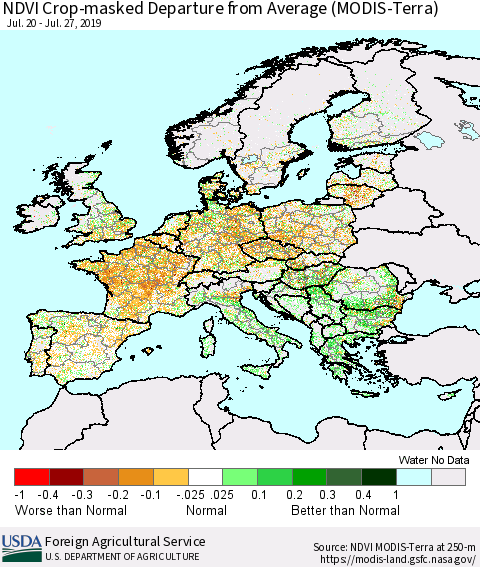 Europe Cropland NDVI Departure from Average (Terra-MODIS) Thematic Map For 7/21/2019 - 7/31/2019