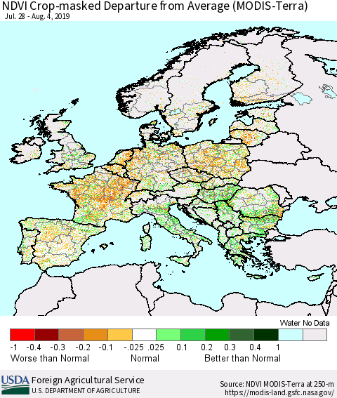 Europe Cropland NDVI Departure from Average (Terra-MODIS) Thematic Map For 8/1/2019 - 8/10/2019