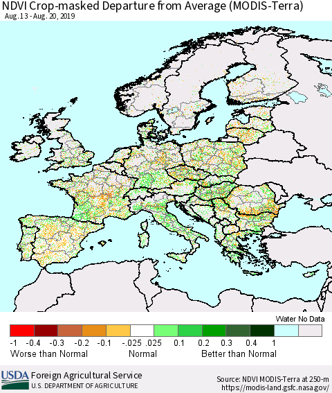 Europe Cropland NDVI Departure from Average (Terra-MODIS) Thematic Map For 8/11/2019 - 8/20/2019