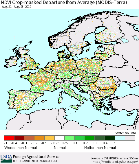 Europe Cropland NDVI Departure from Average (Terra-MODIS) Thematic Map For 8/21/2019 - 8/31/2019