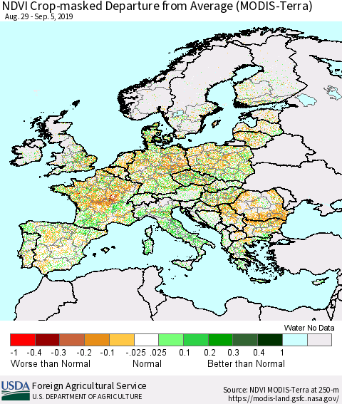 Europe Cropland NDVI Departure from Average (Terra-MODIS) Thematic Map For 9/1/2019 - 9/10/2019