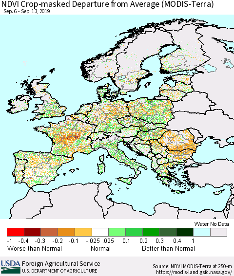 Europe Cropland NDVI Departure from Average (Terra-MODIS) Thematic Map For 9/11/2019 - 9/20/2019
