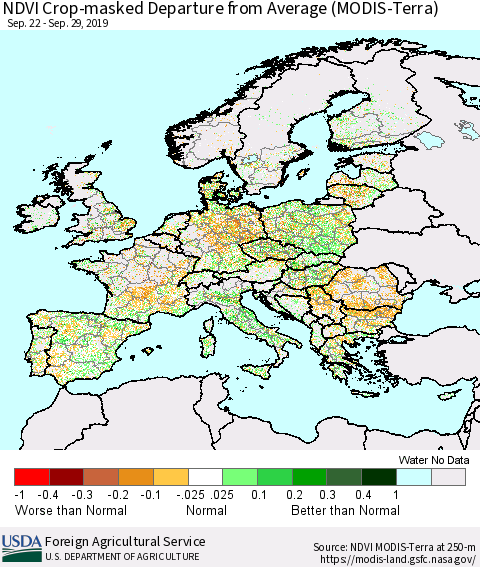 Europe Cropland NDVI Departure from Average (Terra-MODIS) Thematic Map For 9/21/2019 - 9/30/2019