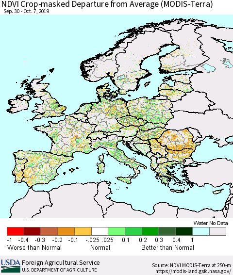 Europe Cropland NDVI Departure from Average (Terra-MODIS) Thematic Map For 10/1/2019 - 10/10/2019