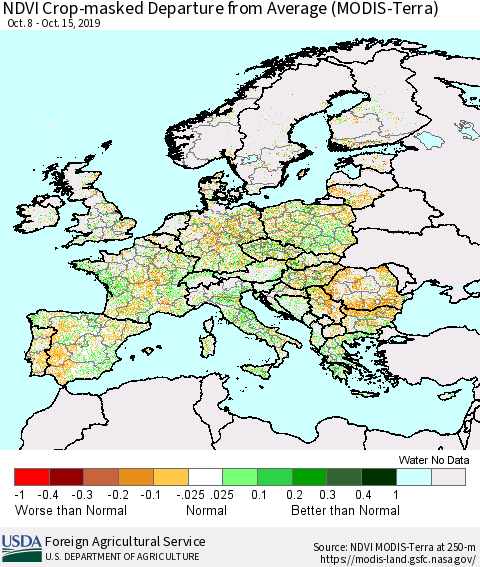 Europe Cropland NDVI Departure from Average (Terra-MODIS) Thematic Map For 10/11/2019 - 10/20/2019