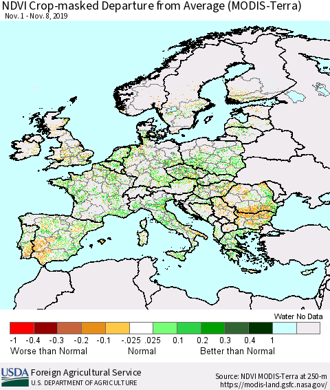 Europe Cropland NDVI Departure from Average (Terra-MODIS) Thematic Map For 11/1/2019 - 11/10/2019