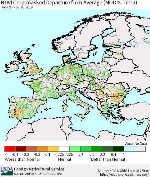 Europe Cropland NDVI Departure from Average (Terra-MODIS) Thematic Map For 11/11/2019 - 11/20/2019