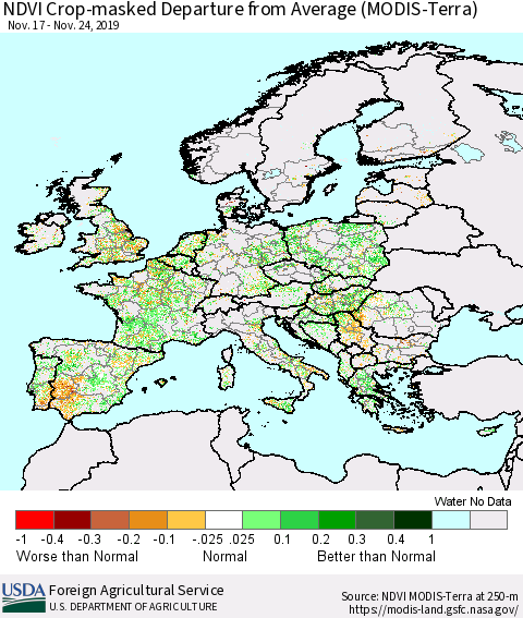 Europe Cropland NDVI Departure from Average (Terra-MODIS) Thematic Map For 11/21/2019 - 11/30/2019