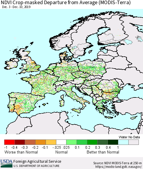 Europe Cropland NDVI Departure from Average (Terra-MODIS) Thematic Map For 12/1/2019 - 12/10/2019