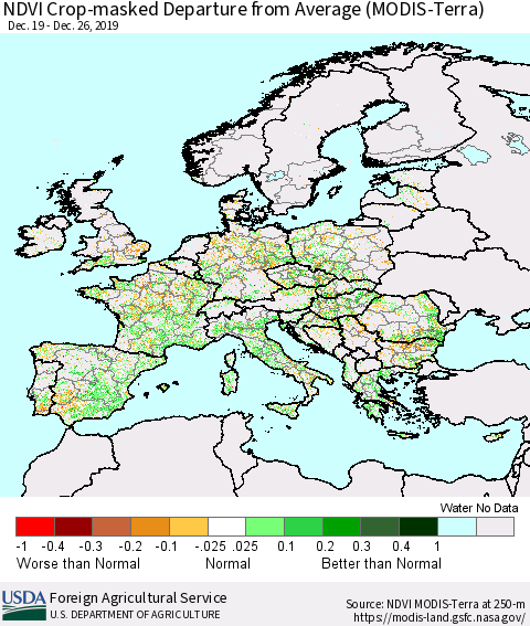 Europe Cropland NDVI Departure from Average (Terra-MODIS) Thematic Map For 12/21/2019 - 12/31/2019