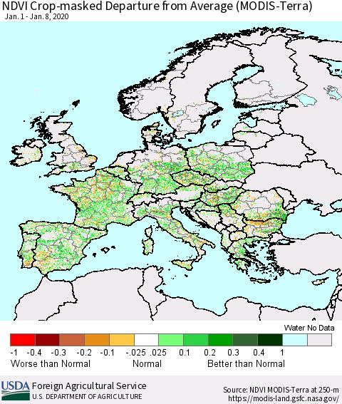 Europe Cropland NDVI Departure from Average (Terra-MODIS) Thematic Map For 1/1/2020 - 1/10/2020