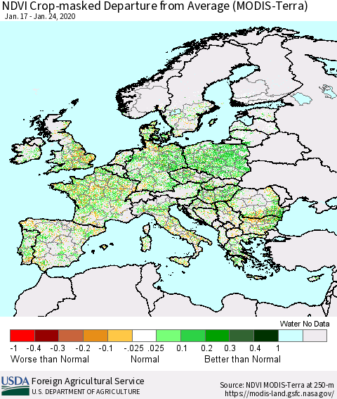Europe Cropland NDVI Departure from Average (Terra-MODIS) Thematic Map For 1/21/2020 - 1/31/2020