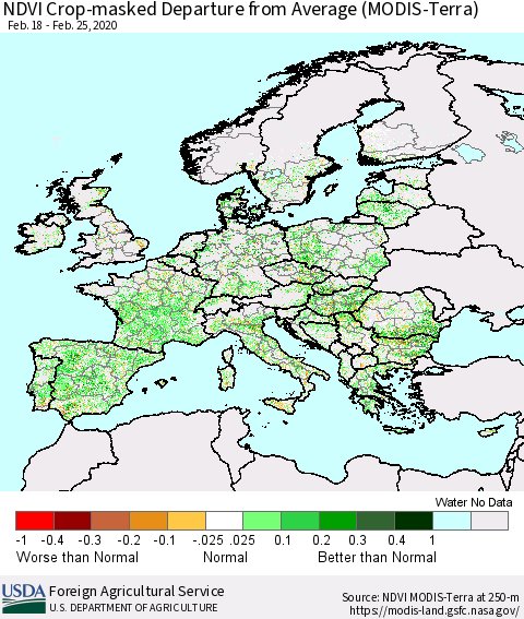 Europe Cropland NDVI Departure from Average (Terra-MODIS) Thematic Map For 2/21/2020 - 2/29/2020