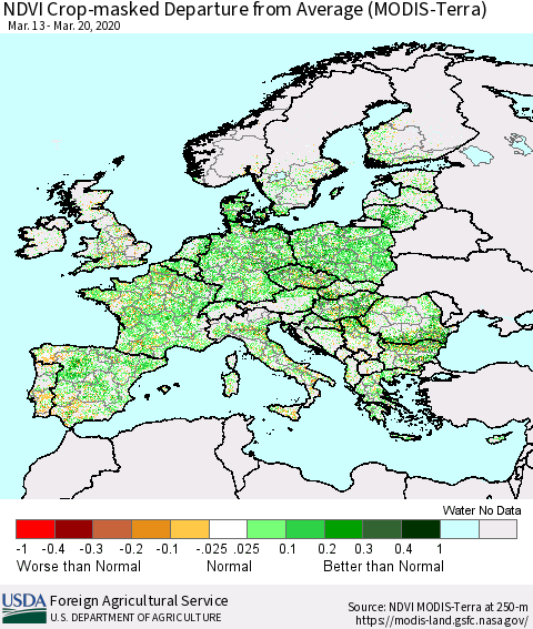 Europe Cropland NDVI Departure from Average (Terra-MODIS) Thematic Map For 3/11/2020 - 3/20/2020