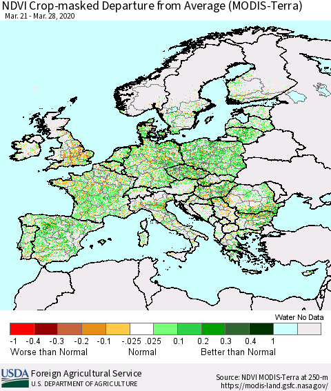 Europe Cropland NDVI Departure from Average (Terra-MODIS) Thematic Map For 3/21/2020 - 3/31/2020