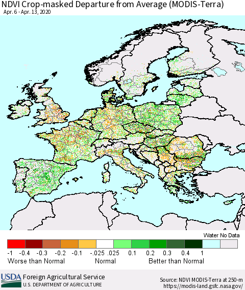 Europe Cropland NDVI Departure from Average (Terra-MODIS) Thematic Map For 4/11/2020 - 4/20/2020
