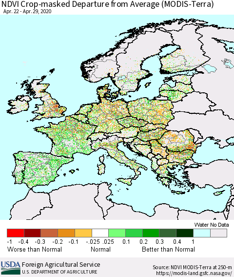 Europe Cropland NDVI Departure from Average (Terra-MODIS) Thematic Map For 4/21/2020 - 4/30/2020