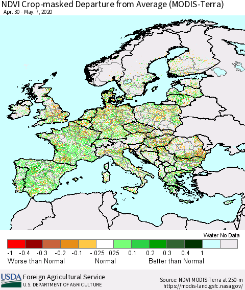 Europe Cropland NDVI Departure from Average (Terra-MODIS) Thematic Map For 5/1/2020 - 5/10/2020