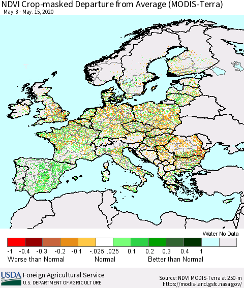 Europe Cropland NDVI Departure from Average (Terra-MODIS) Thematic Map For 5/11/2020 - 5/20/2020