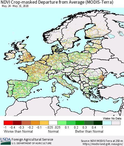 Europe Cropland NDVI Departure from Average (Terra-MODIS) Thematic Map For 5/21/2020 - 5/31/2020